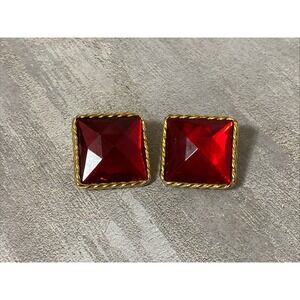 Vintage 1980s Red Lucite Faceted Clip On Earrings Gold Chunky Runway Statement
